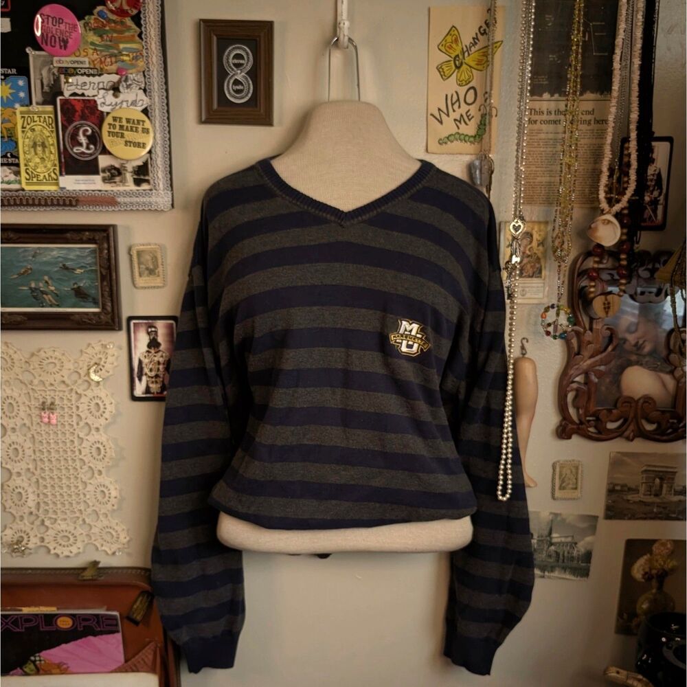Marquette University Striped V-Neck Sweater Adult 2XL Navy Gray